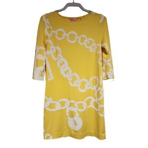 Lilly Pulitzer Jonah Shift Dress Yellow White Jersey 3/4 Sleeve Chains Size S
